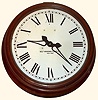 Self Winding Clock Co., New York, "Gallery 18 Inch" wall clock time only pendulum regulated movement powered by two dry cell batteries in cherry finished case with painted metal dial, c1890