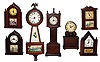 Seven Burroughs wood novelty clocks.
