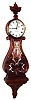 Elmer O. Stennes, Weymouth, Mass., "Lyre Banjo" wall clock 8 day time only weight driven movement in carved mahogany case with reverse painted throat tablet and painted metal dial, date 1972