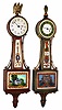 Two Waltham "Miniature Banjos" with 8 day time only spring driven key wind movements; one in green crackle case and the other in solid mahogany
