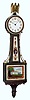 Waltham Clock Co., Waltham, Mass., "Miniature Banjo" 8 day time only stem wind spring driven movement with lever escapement in mahogany case with reverse painted tablets and painted metal dial, c1930
