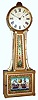 Samuel Abbott, Boston, Mass., "Banjo" wall clock 8 day time only weight driven movement in mahogany case with rope banded gilt front and reverse painted throat and lower tablets and painted iron dial, c1830