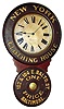 Baird Clock Co., Plattsburgh, New York, advertising wall clock for "NEW YORK CLOTHING HOUSE 102 and 104 E. BALTO. ST. BALTIMORE". The movement is 8 day time only spring driven in a typical Baird paper mache doors and wood body case with papered metal dial, c1895