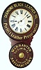 Baird Clock Co., Plattsburgh, New York, advertising wall clock for "DIAMOND BLACK LEATHER OIL Perfect Leather Preservative WARRANTED SATISFACTORY The Globe Oil Co. Cleveland O." The movement is 8 day time only spring driven in a typical Baird paper mache doors and wood body case with papered metal dial, c1893