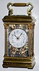 French, Brass Cased Carriage clock, Anglaise Riche case with Corinthian columns, time, strike and repeat, with aviary panels to the sides plus the dial mask, birds and flowers cast / pressed into the panels and then carefully chased and gilded, c1900