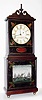 Reproduction Aaron Willard Massachusetts shelf clock 8 day time only weight driven movement in a well made mahogany case with dished painted metal dial and reverse painted tablets, c1970