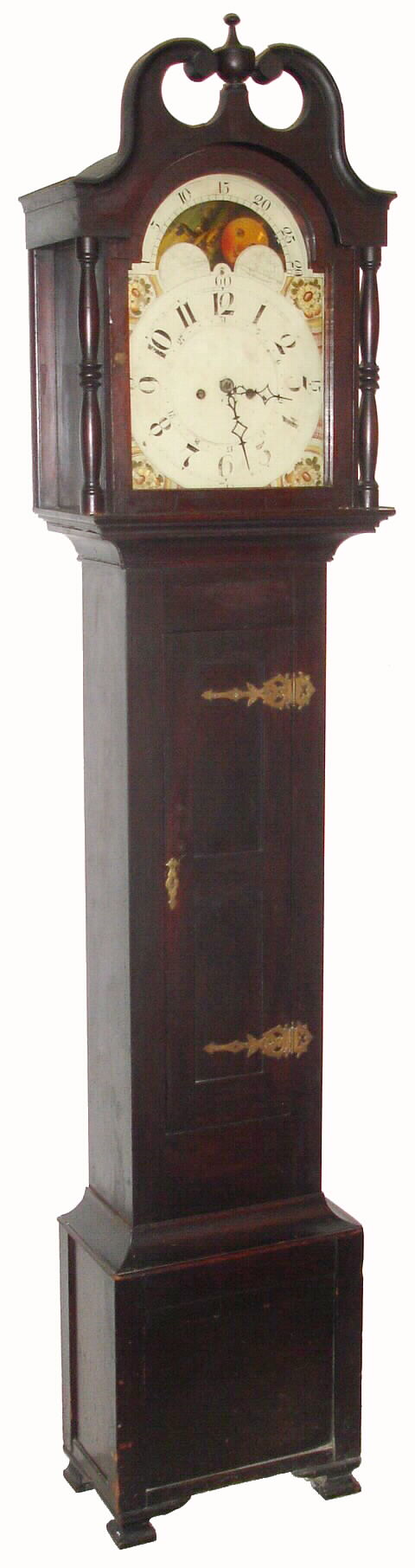 American tall clock, unsigned, 8 day with rolling moon, the last repair label from 1883, Philadelphia. Mov't with well shaped plates along the top and cut out at bottom to conserve brass. The informal country case of mixed woods retains large cast door hinges and a deep broken arch, c1825 — Antique Clocks Price Guide