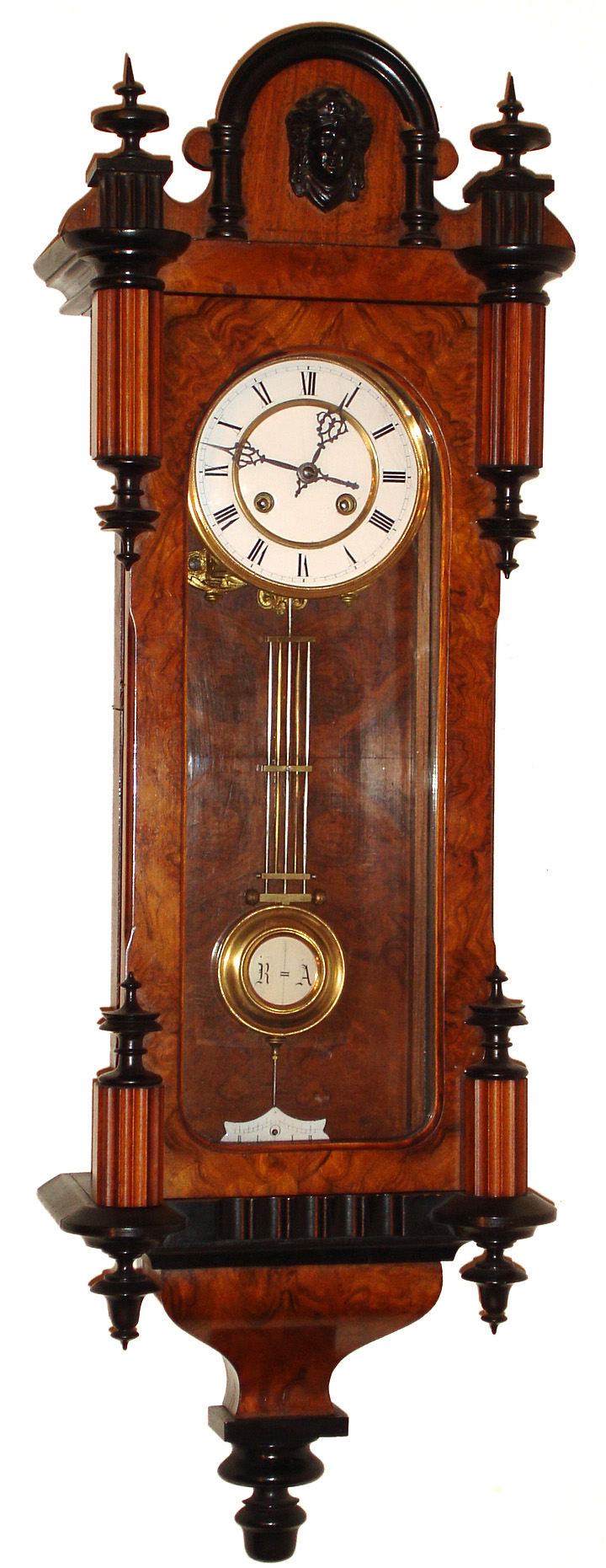 German R/A wall clock, 8 day time and strike spring driven unsigned movement in walnut and ebonized case, c1890 — Antique Clocks Price Guide