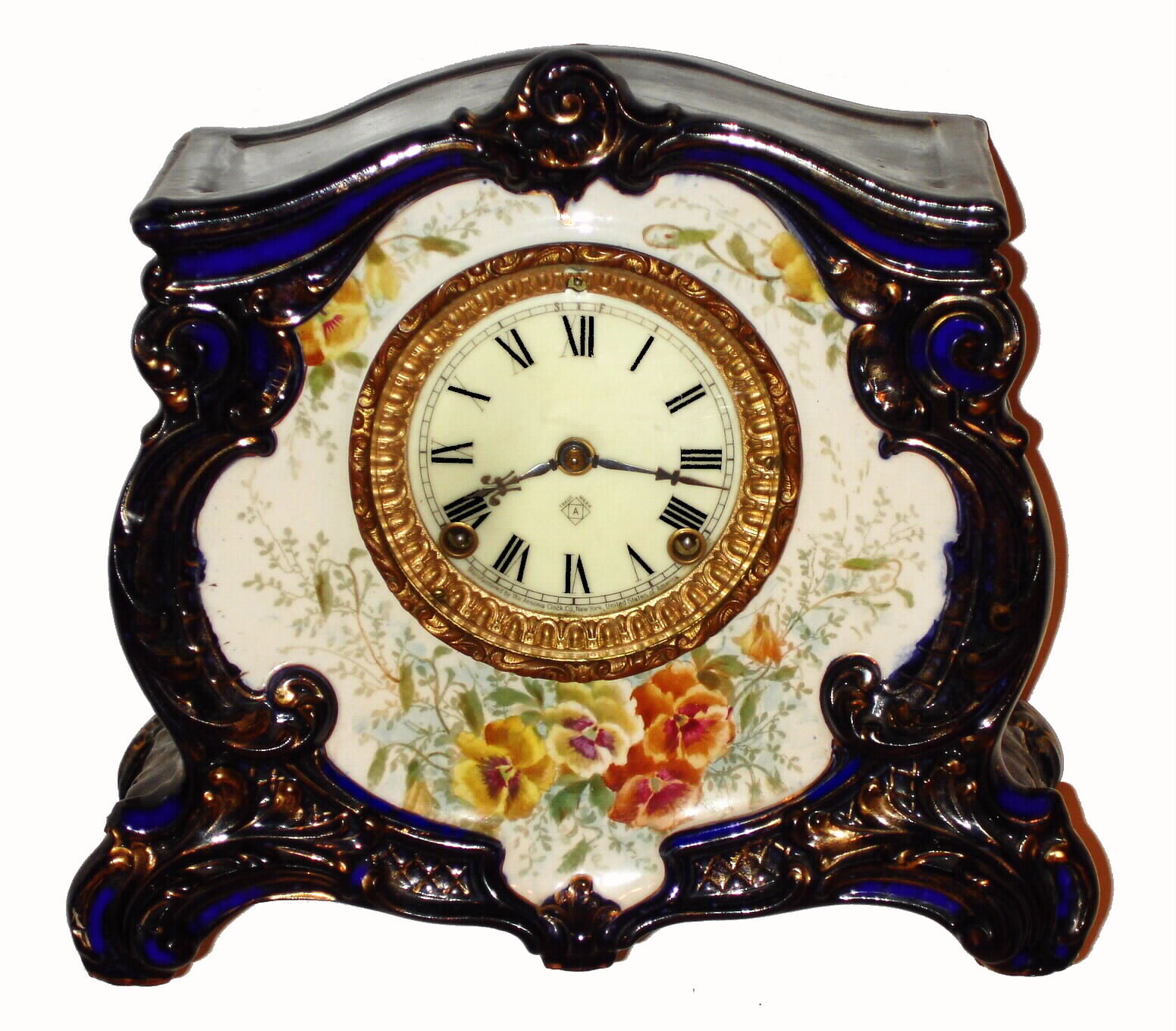 Ansonia Clock Co., New York, "La Landes" Royal Bonn 8 day time and strike porcelain mantel clock, c1910 — Antique Clocks Price Guide