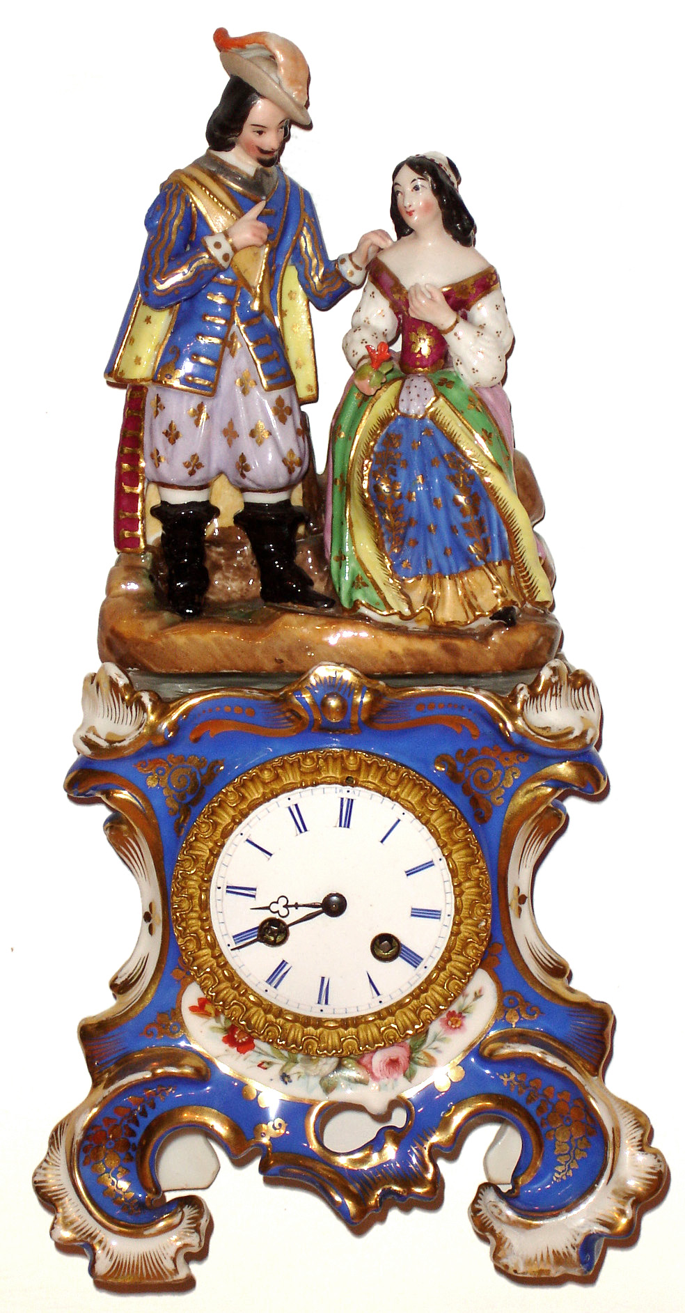 French porcelain two piece figural 8 day time and strike mantel clock, c1880 — Antique Clocks Price Guide