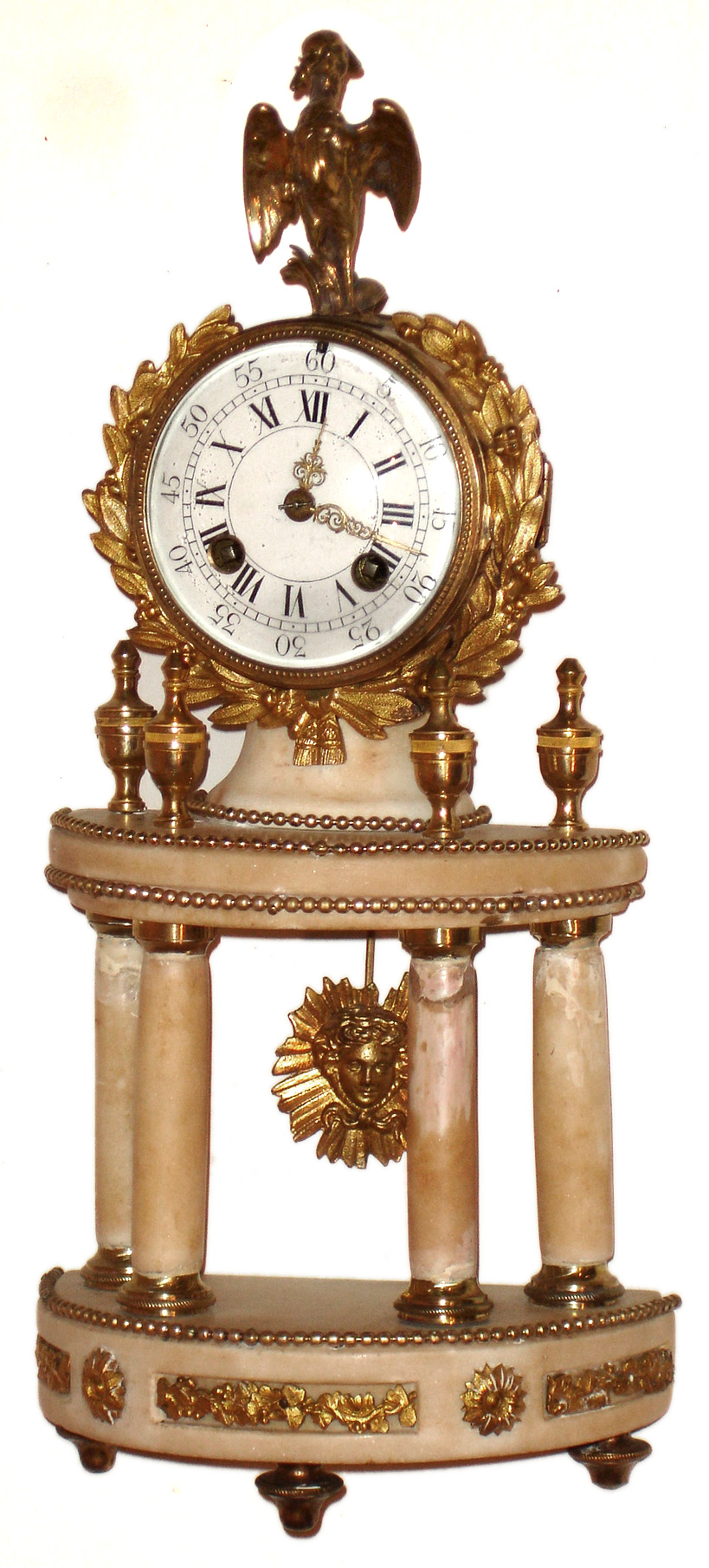 French white marble Empire 8 day striking mantel clock, Mougin movement, c1880 — Antique Clocks Price Guide