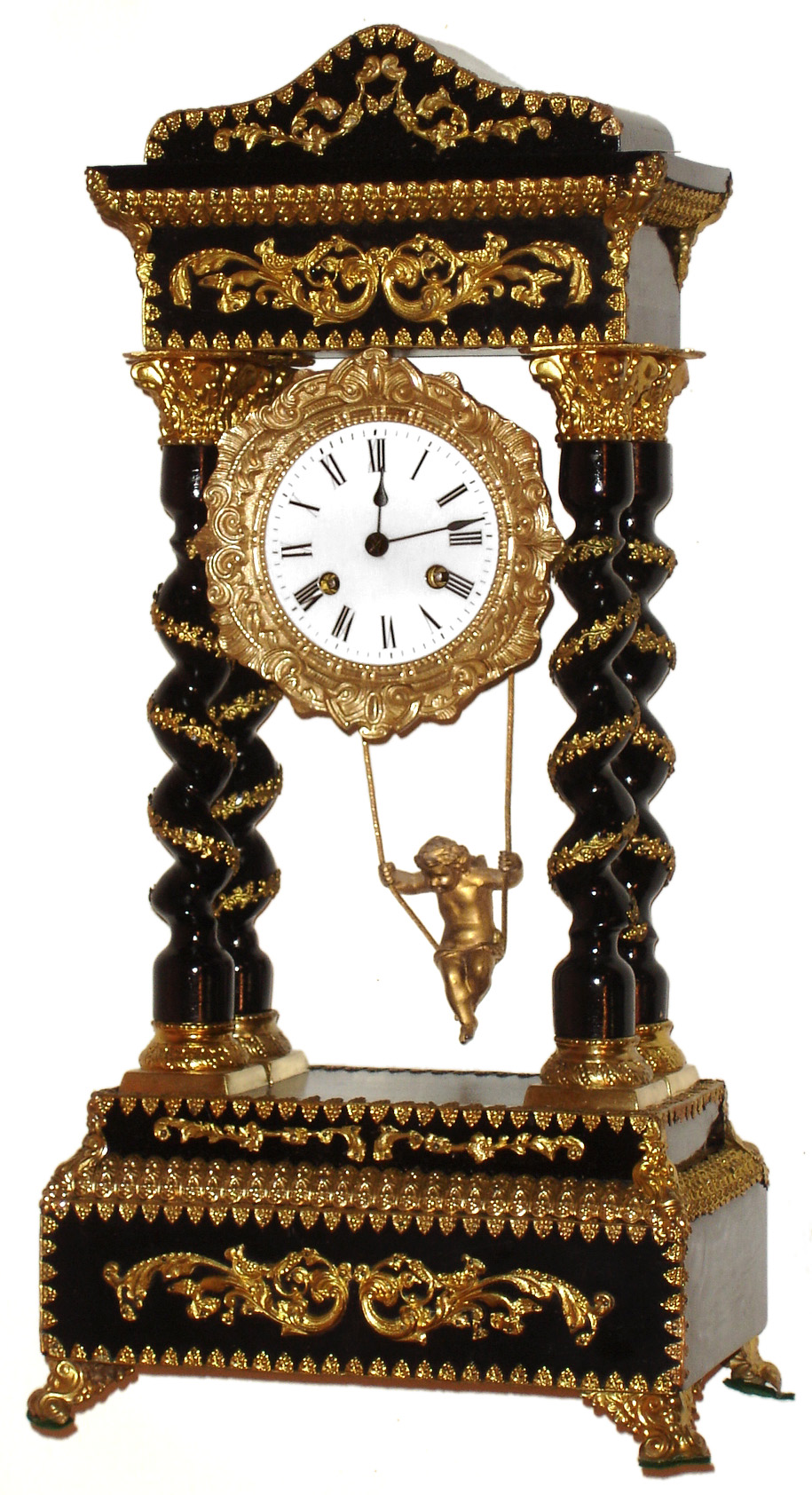 French Empire swinging doll 8 day time and strike ebonized portico clock, c1870 — Antique Clocks Price Guide