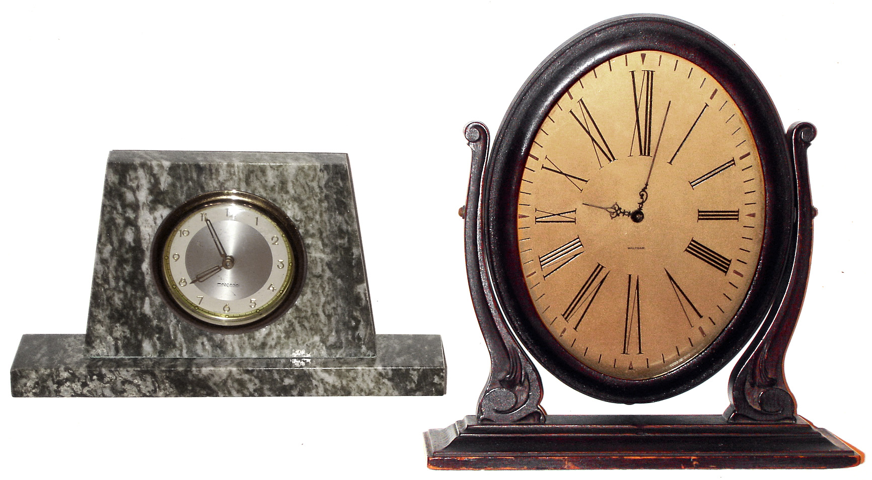 Clocks- 3 (Three) small clocks: Waltham 8 day mahogany, Mercedes German green marble 30 hour, and unsigned carved and painted wood 30 hour wall clock, 20th century — Antique Clocks Price Guide