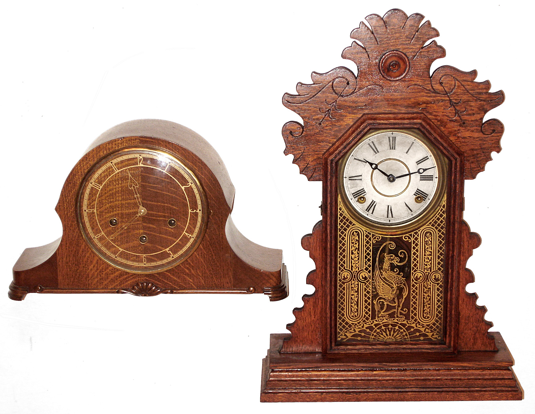 Clocks- 2 (Two) oak 8 day mantel clocks: E. Ingraham Connecticut "Dahlia" gingerbread c1895 and a Smiths Westminster chime tambour, mid 20th century — Antique Clocks Price Guide