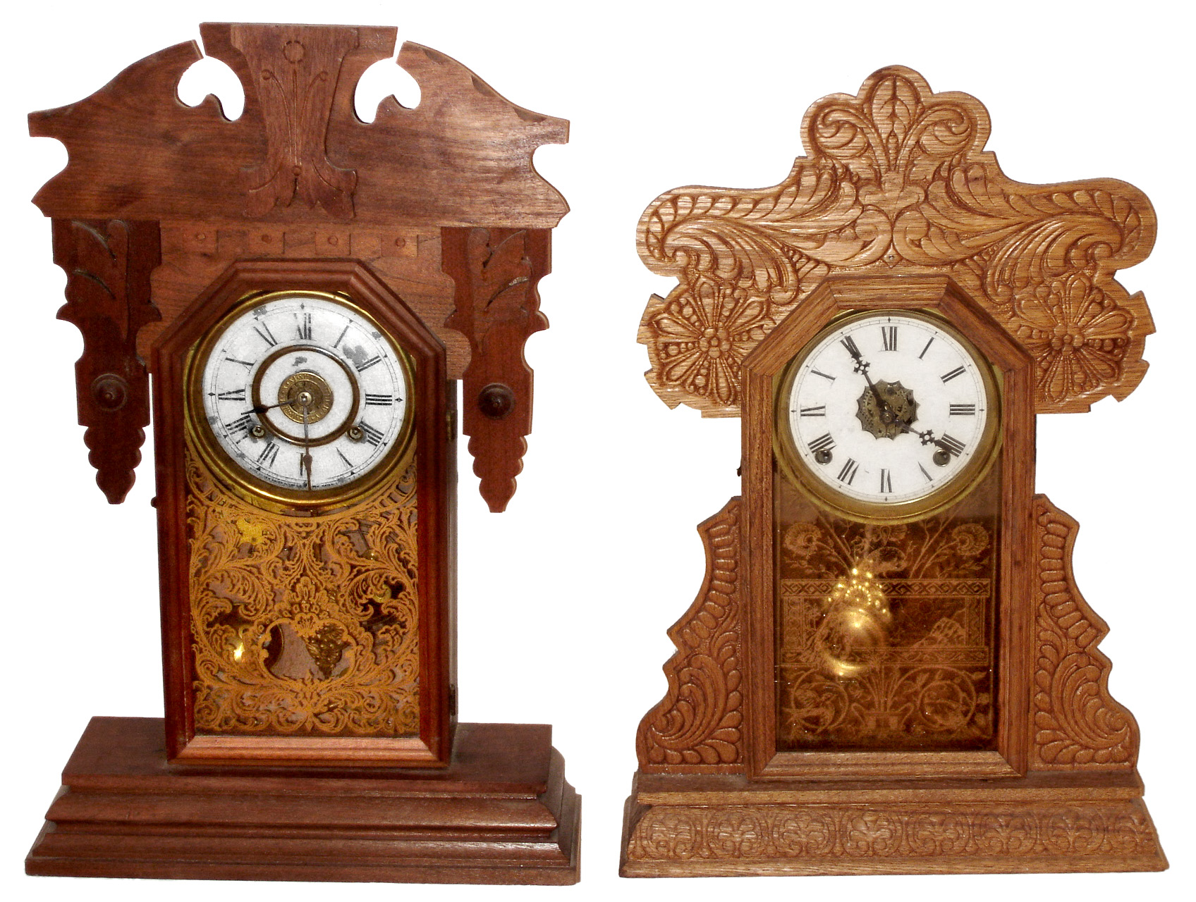Clocks- 2 (Two) gingerbread kitchen 8 day time and strike wood Connecticut mantel clocks, New Haven and Welch, late 19th century — Antique Clocks Price Guide