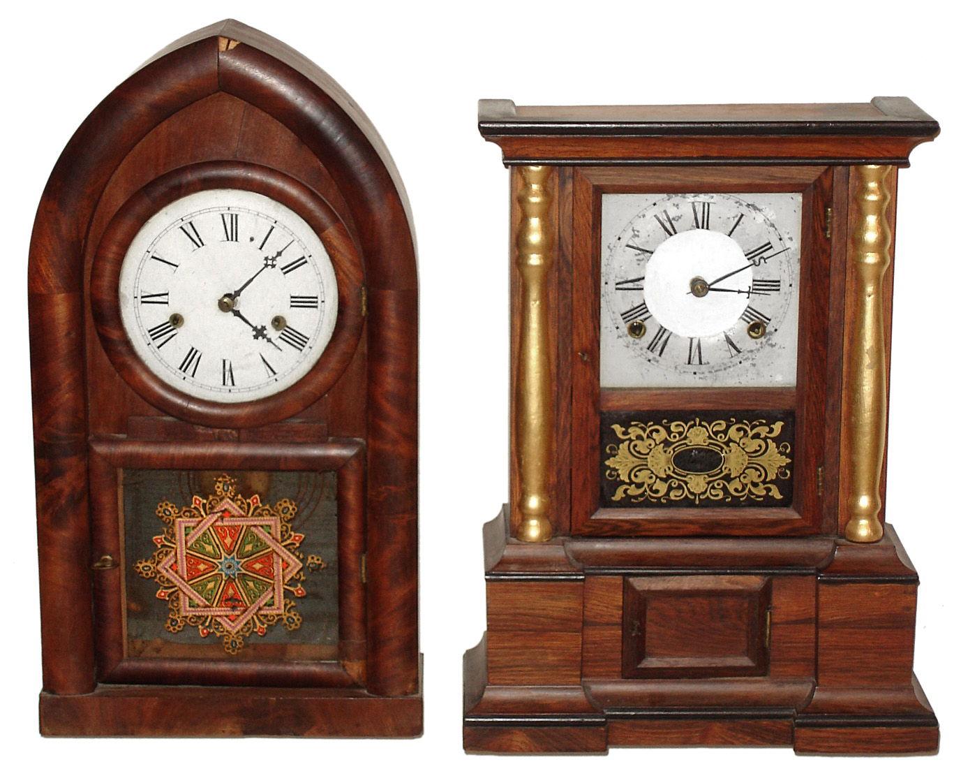 Clocks- 2 (Two) wood 8 day time and strike mantel clocks, Atkins and Welch, later 19th century — Antique Clocks Price Guide