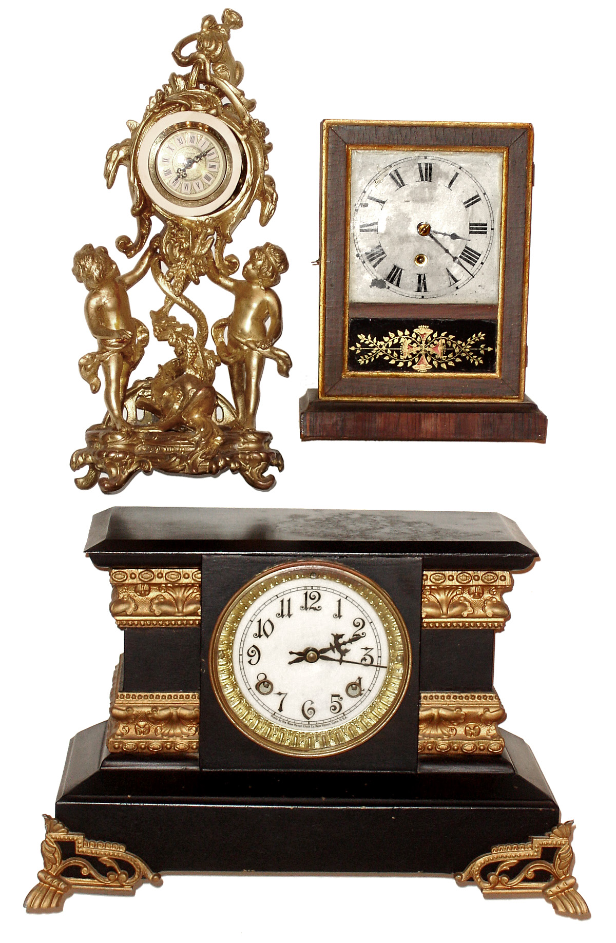 Clocks- 3 (Three) Connecticut mantel clocks -- black iron, gold novelty, cottage - late 19th and early 20th century — Antique Clocks Price Guide