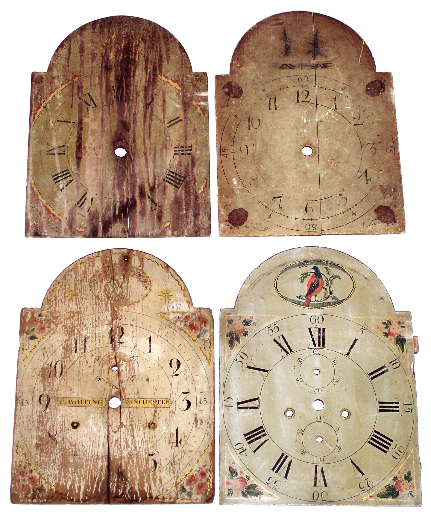 Tall case dials- 13 arch top: 4 are wood, 9 are painted iron, 1 has moon dial, all from first half 19th century — Antique Clocks Price Guide
