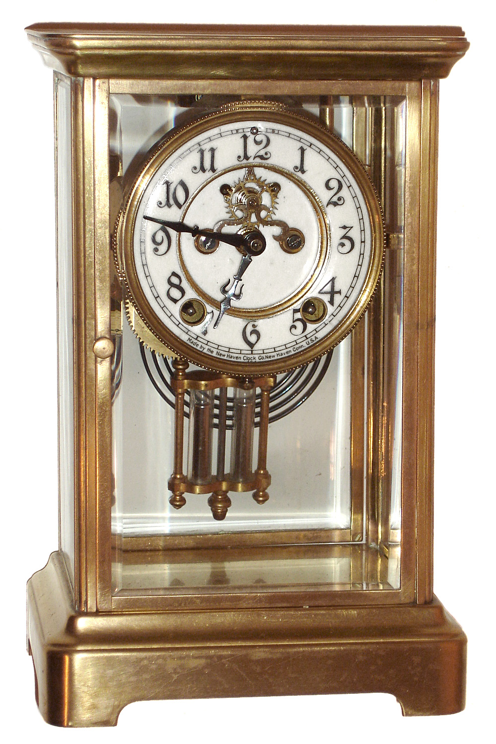 New Haven "Theron" 8 day time and strike brass and glass crystal regulator, c1911 — Antique Clocks Price Guide
