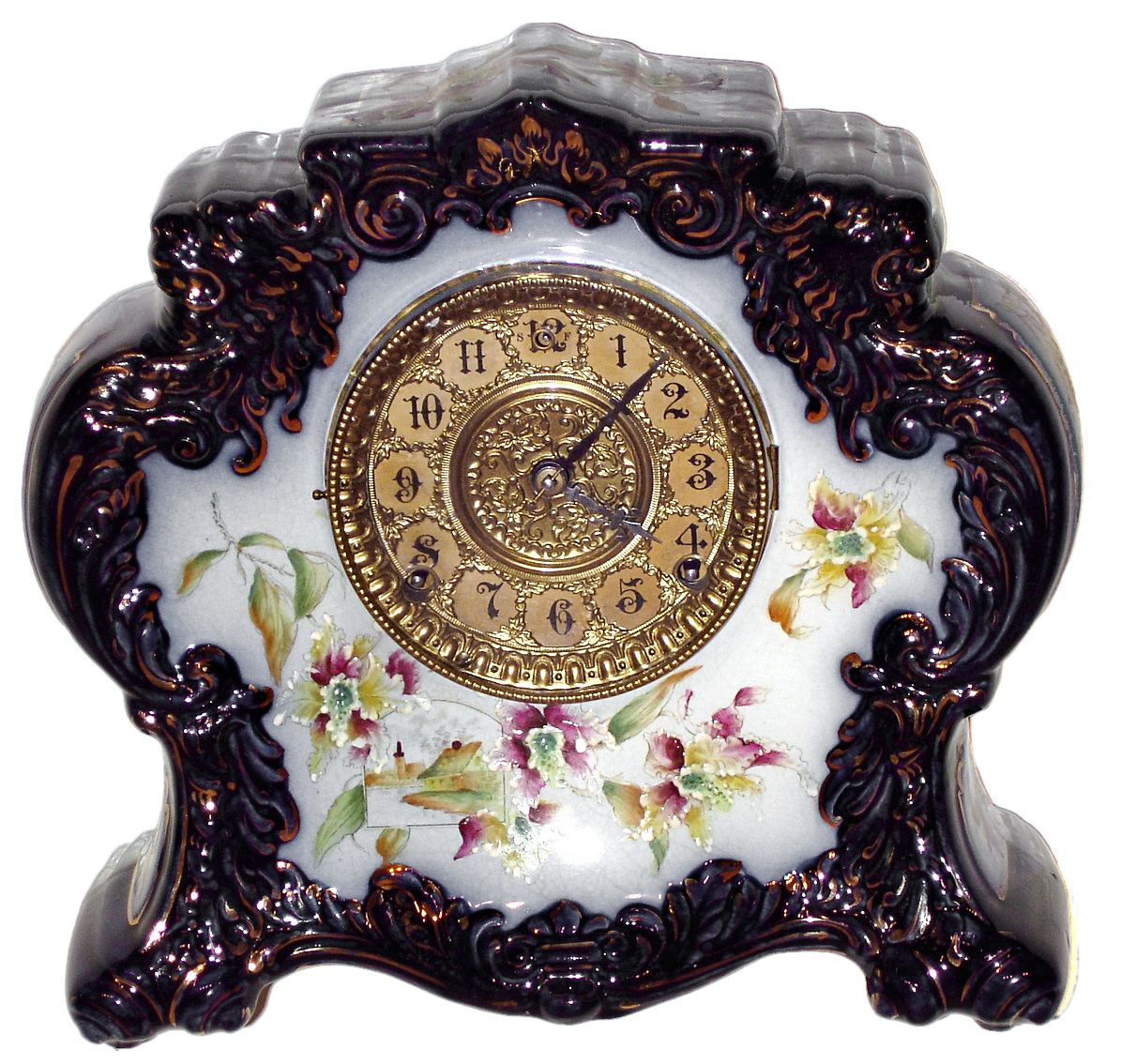 Gilbert Clock Co., Winsted, Conn., "No. 411" 8 day time and strike porcelain mantel clock, c1898. — Antique Clocks Price Guide