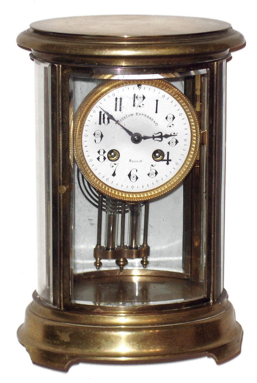 French brass and glass oval 8 day time and strike crystal regulator mantel clock, c1890 — Antique Clocks Price Guide