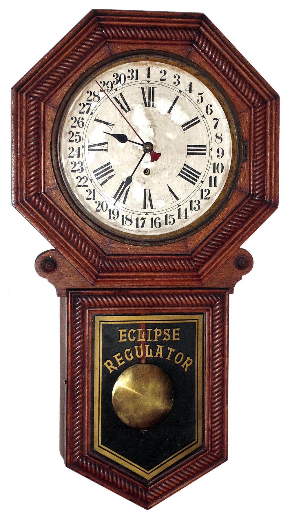 New Haven, New Haven, Conn., "Eclipse Regulator" oak 8 day time and calendar spring wound school clock, American Wringer label, c1910 — Antique Clocks Price Guide