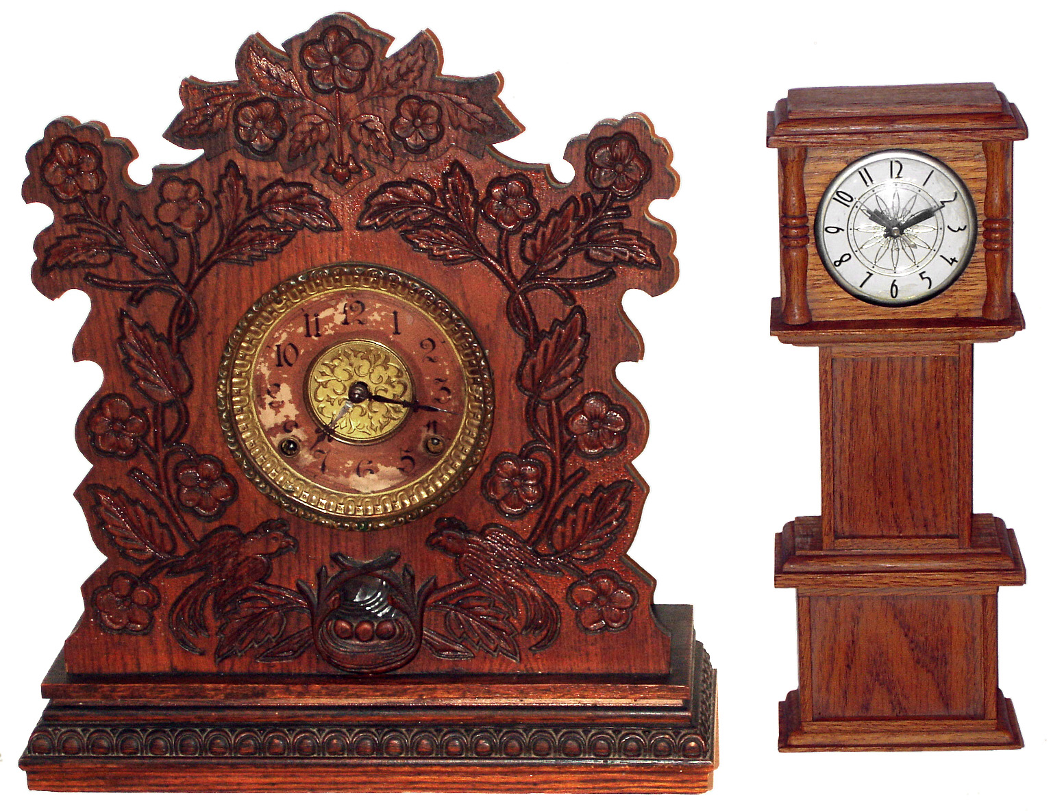 Clocks- 2 (Two) oak mantel: Gilbert Clock Co. 8 day time and strike cabinet, c1895; Foster Campos plug in miniature long case later 20th century — Antique Clocks Price Guide