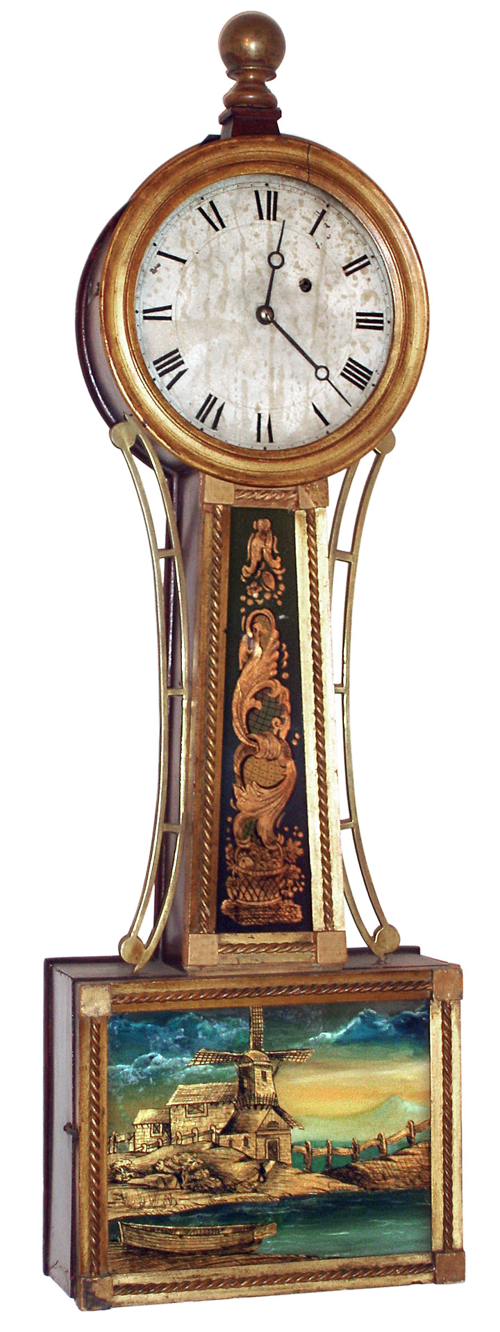 Massachusetts 8 day weight driven mahogany gold front banjo clock, c1840 — Antique Clocks Price Guide