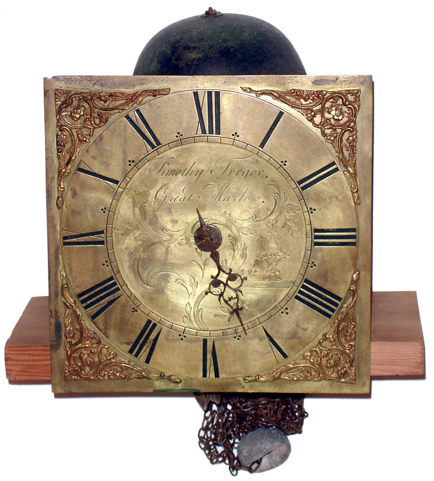 Movement and dial, Timothy Tregoe, Great Marlow, English brass 30 hour time and strike weight driven, square dial, one hand, c1770 — Antique Clocks Price Guide