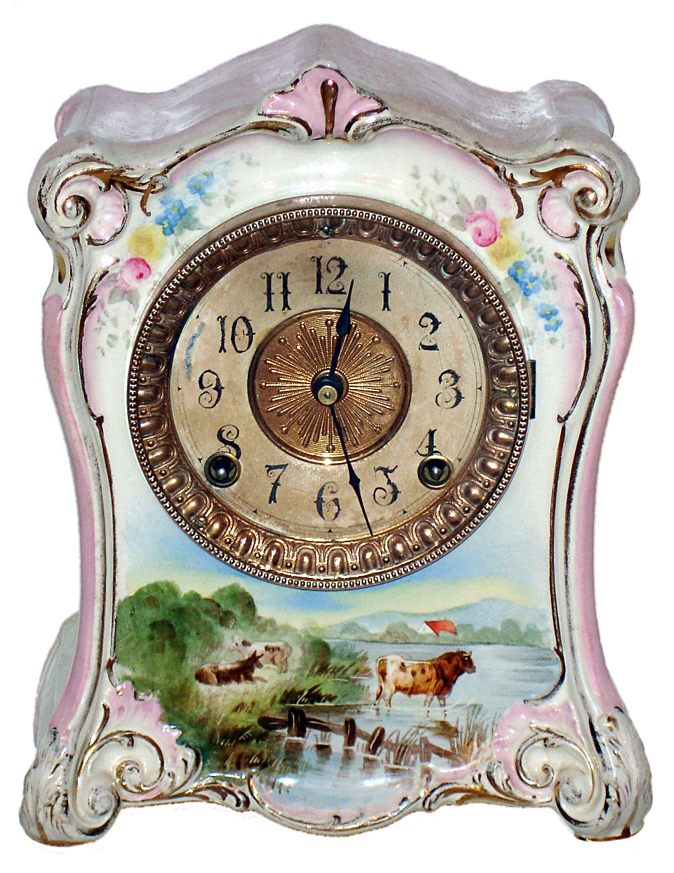 Ansonia Clock Co., New York, "La Cumbre" 8 day time and strike Royal Bonn porcelain mantel clock, c1895 — Antique Clocks Price Guide