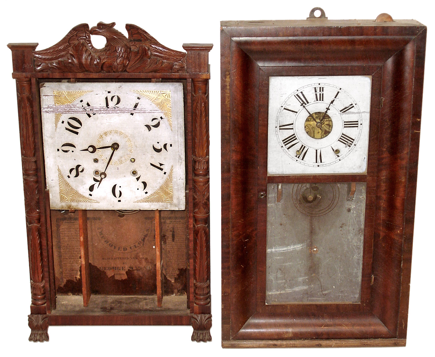 Clocks- 2 (Two) Connecticut mahogany 8 day time and strike shelf clocks, George Marsh short carved case (for parts) and unsigned OG, mid 19th century — Antique Clocks Price Guide