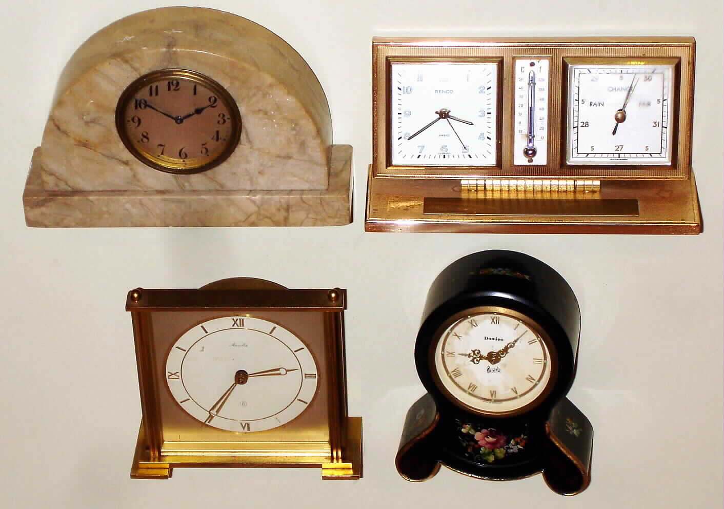 Clocks- 4 (Four) German small rear wind desk clocks: one has music box and one striking, 20th century — Antique Clocks Price Guide