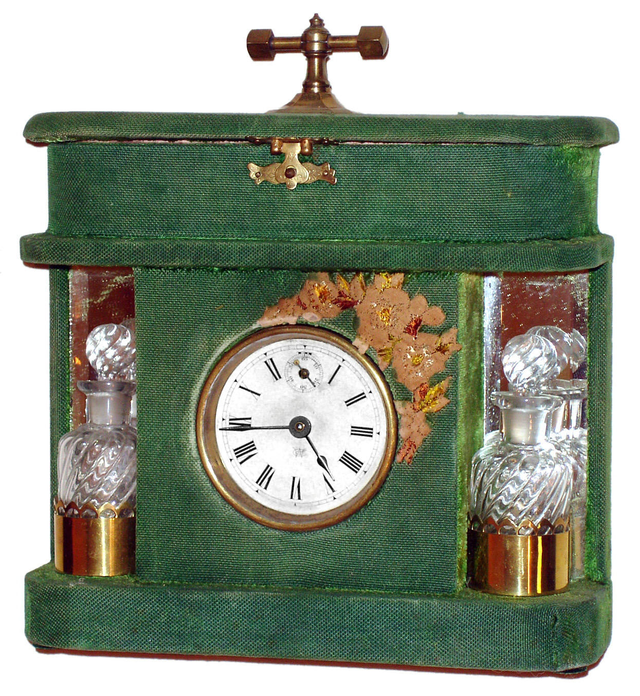 Waterbury Clock Co., Waterbury, Conn., "Plush Toilette" 30 hour cloth covered lady's clock set, c1890 — Antique Clocks Price Guide