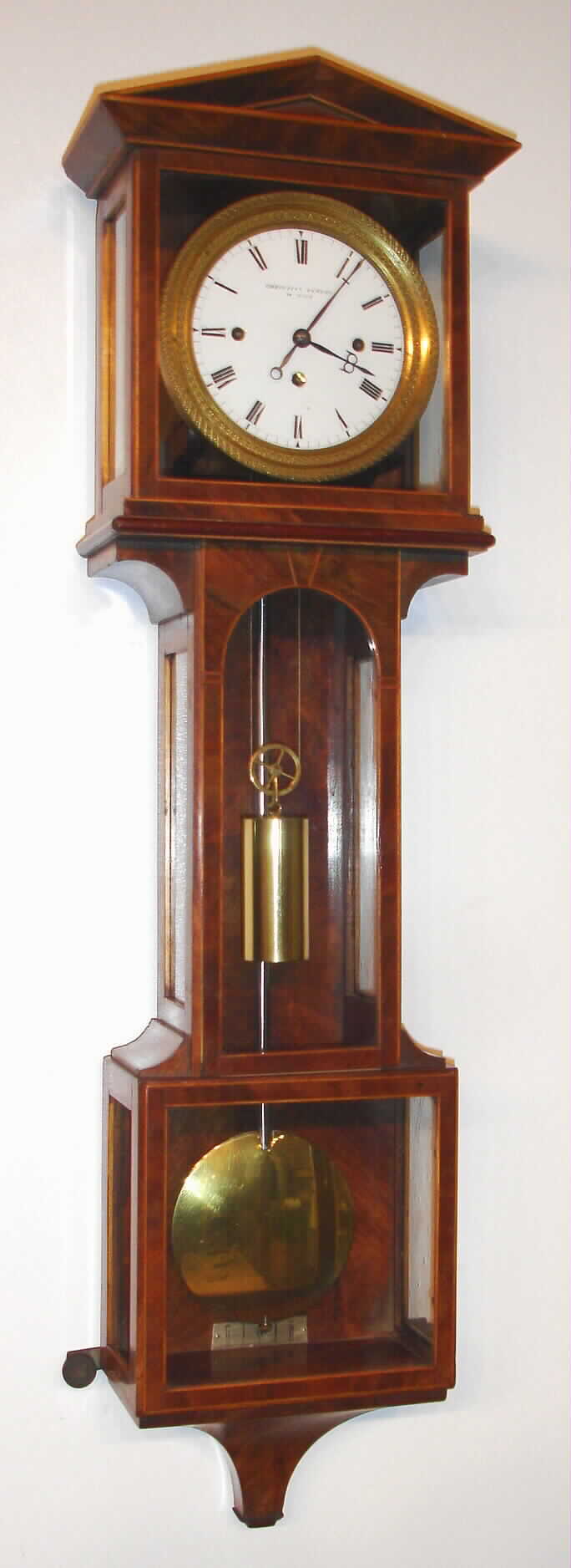 Austrian, Christian Federl, Miniature Laterndluhr, weight for time, and springs for quarter and hour strike, in a well made mahogany veneered case with satinwood edge banding, 1 to 2 day duration, c1820 — Antique Clocks Price Guide