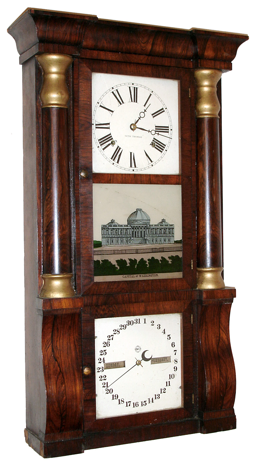 Seth Thomas, Plymouth Hollow, Conn., 8 day time and strike with a Mix Brothers calendar column and cornice shelf clock, c1860 — Antique Clocks Price Guide