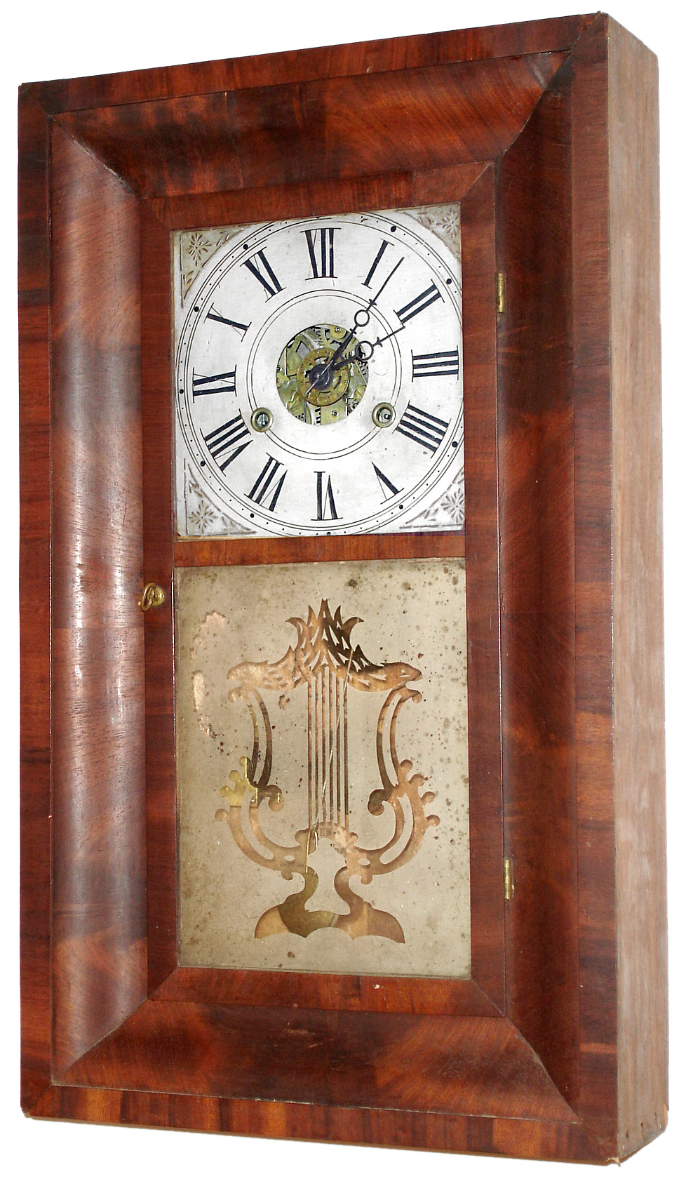 Unknown, (too much of the label is missing) , 30 hour, time and strike/alarm OG shelf clock, c1850; and shelf clock case only with stenciled half columns — Antique Clocks Price Guide