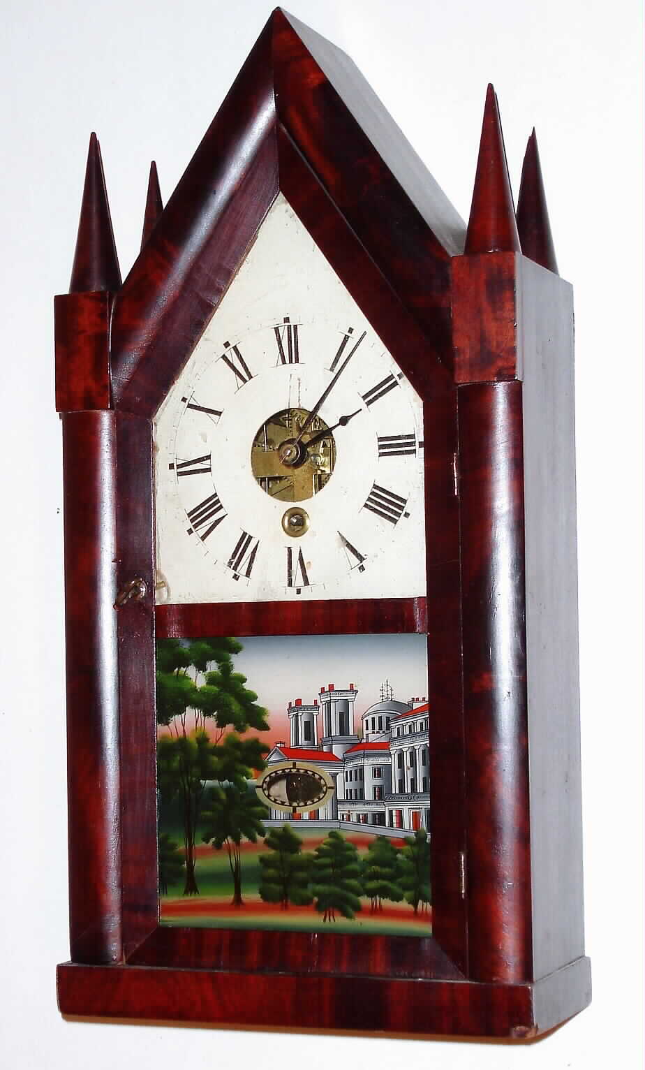 Silas B. Terry, Terryville, Conn., 30 hour time and strike tandem wind steeple clock, c1850. This is a very rare model using a single arbor to wind the time and strike side of the clock. A similar example can be found on page 184 in "Horology Americana" by Dworesky and Dickstein. — Antique Clocks Price Guide