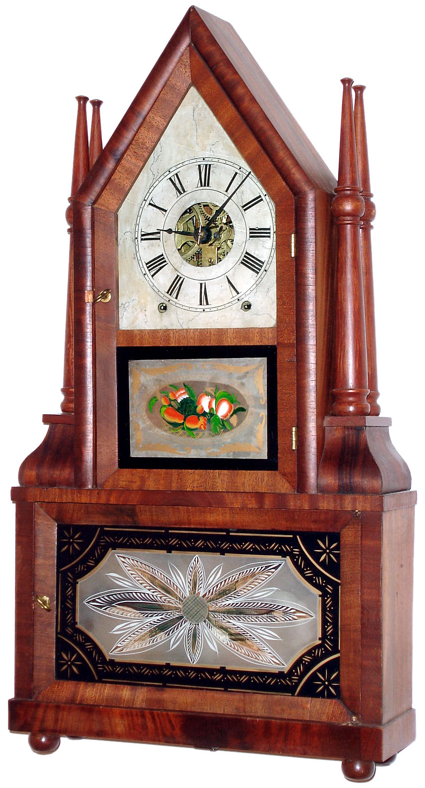 Birge and Fuller, Bristol, Conn., 8 day time and strike wagon spring steeple on frame with candle finials, c1845 — Antique Clocks Price Guide