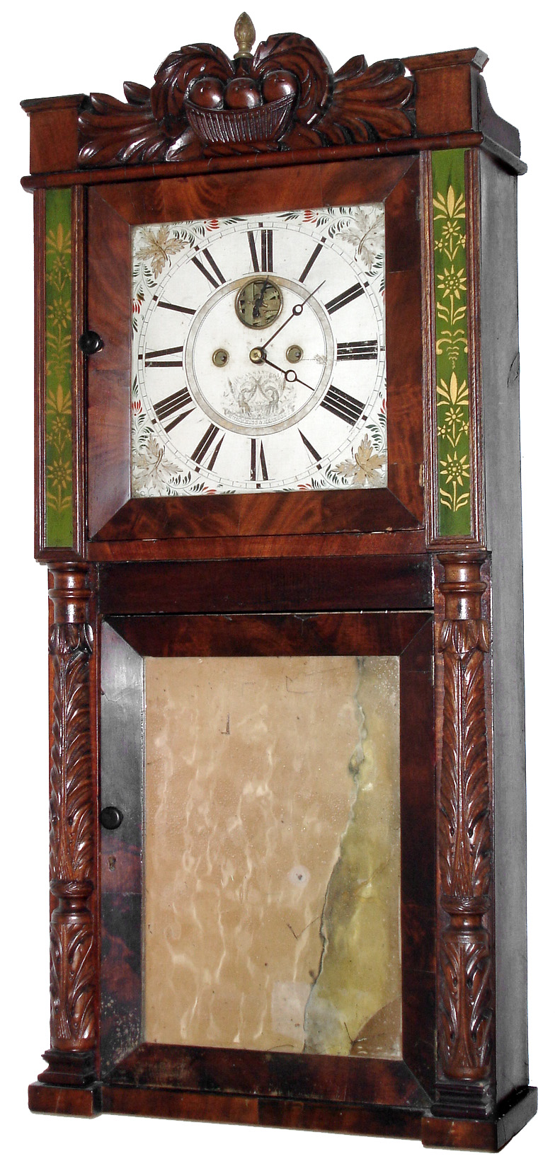 Hotchkiss and Benedict, Auburn, NY, 8 day time and strike brass movement shelf clock. Serial No. 2293 stamped on the movement. This is a late movement as the winding holes are now symmetrical on the dial, c1837 — Antique Clocks Price Guide