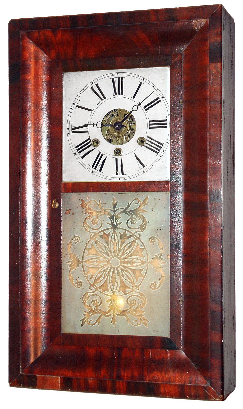 H. Welton and Co., Terryville, Conn., 30 hour time and strike/alarm brass movement OG shelf clock. The location name was printed on the label as two words rather than one, c1840. — Antique Clocks Price Guide