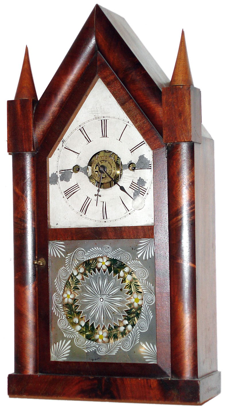 Forestville Mfg. Co., (J. C. Brown), Bristol, Conn., 8 day time and strike/alarm fusee movement steeple clock, c 1845. — Antique Clocks Price Guide