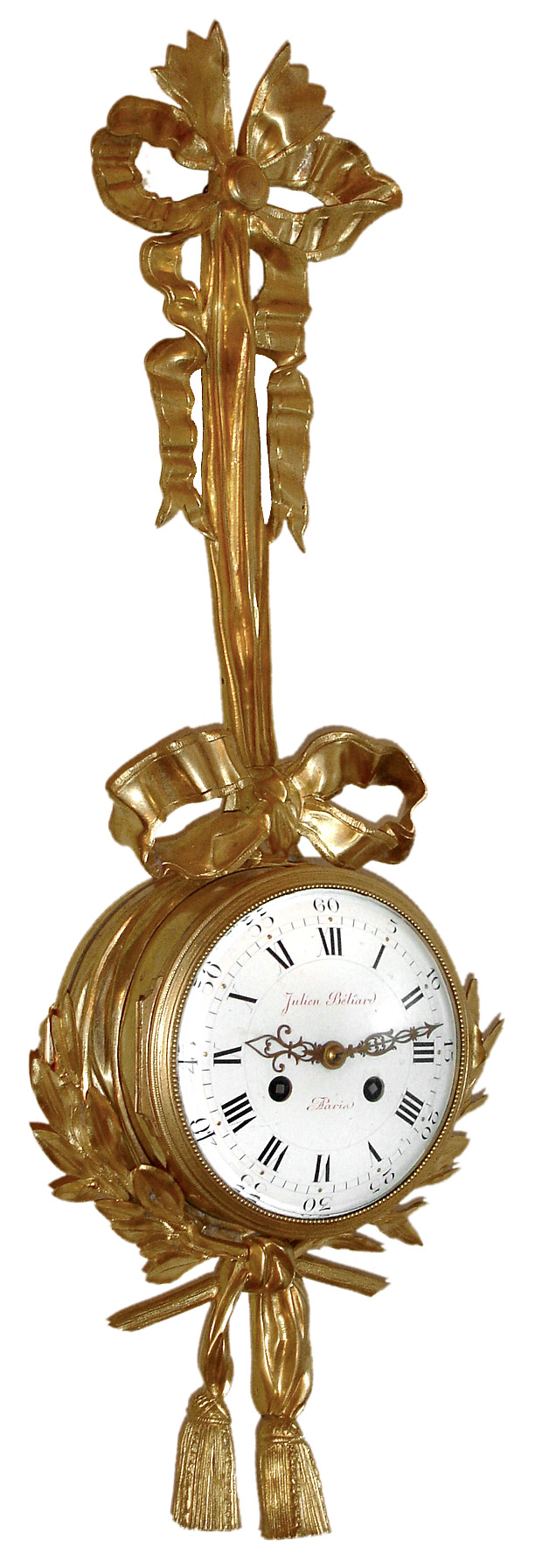 French, Julien Beliard, Paris, 8 day time and strike platform escapement cartel wall clock, c1890, in the style of a century earlier. — Antique Clocks Price Guide