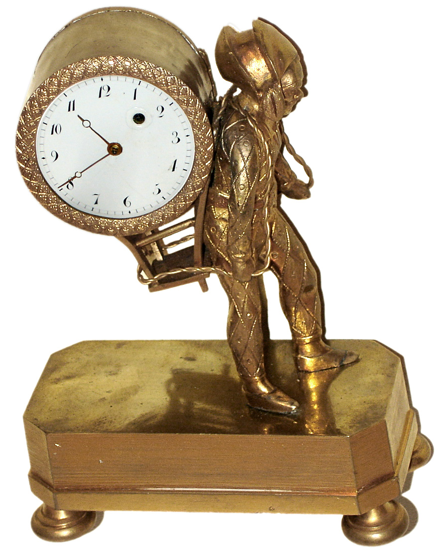 French, Gilt bronze and brass figural timepiece (Frenchman carrying a drum on his back) run by a lever escapement watch movement, c1900. — Antique Clocks Price Guide