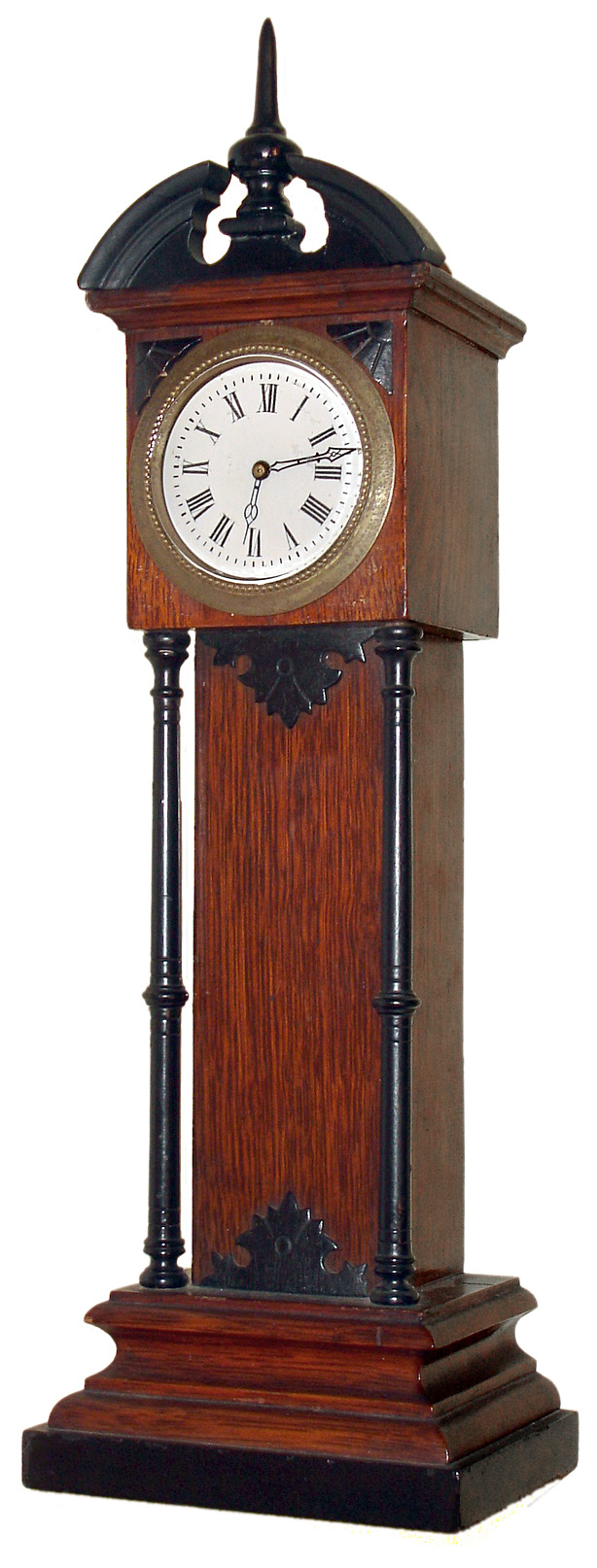 French, 30 hour ebony and oak miniature timepiece in the form of a tall clock, c1910 — Antique Clocks Price Guide
