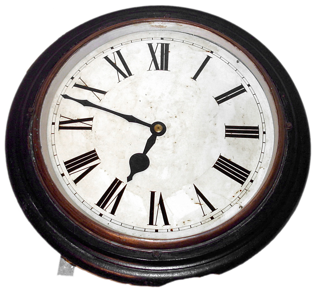 English round dial clock, 8 day, time only, spring driven fusee movement, winds and sets from rear of case, in cast iron case with 18" painted metal dial, c1875 — Antique Clocks Price Guide