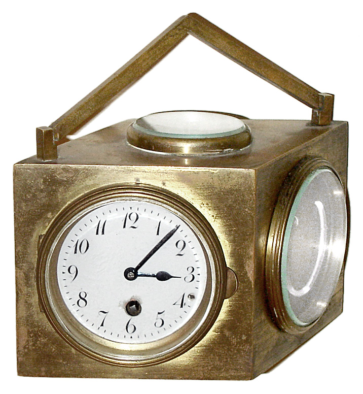 Charles Hour, French desk clock, thermometer, barometer and compass set with 8day, time only, spring driven movement in a diamond shaped brass case with triangular handle, c1920 — Antique Clocks Price Guide