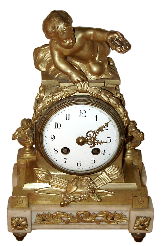 French figural mantel clock with 8 day, time and bell strike, spring driven movement in a gilded brass /ormolu case on white marble base all resting on four brass feet with white enamel dial, c1890 — Antique Clocks Price Guide