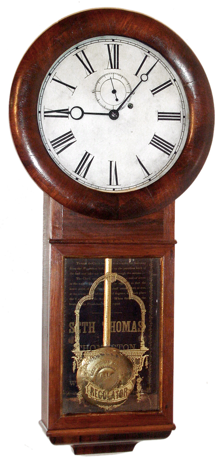 Seth Thomas Clock Co., Thomaston, Conn., "No. 1 Regulator" time piece with 8 day, single weight driven movement in rosewood veneer case with painted metal dial and special Seth Thomas Plymouth Hollow pendulum bob, c1866 — Antique Clocks Price Guide