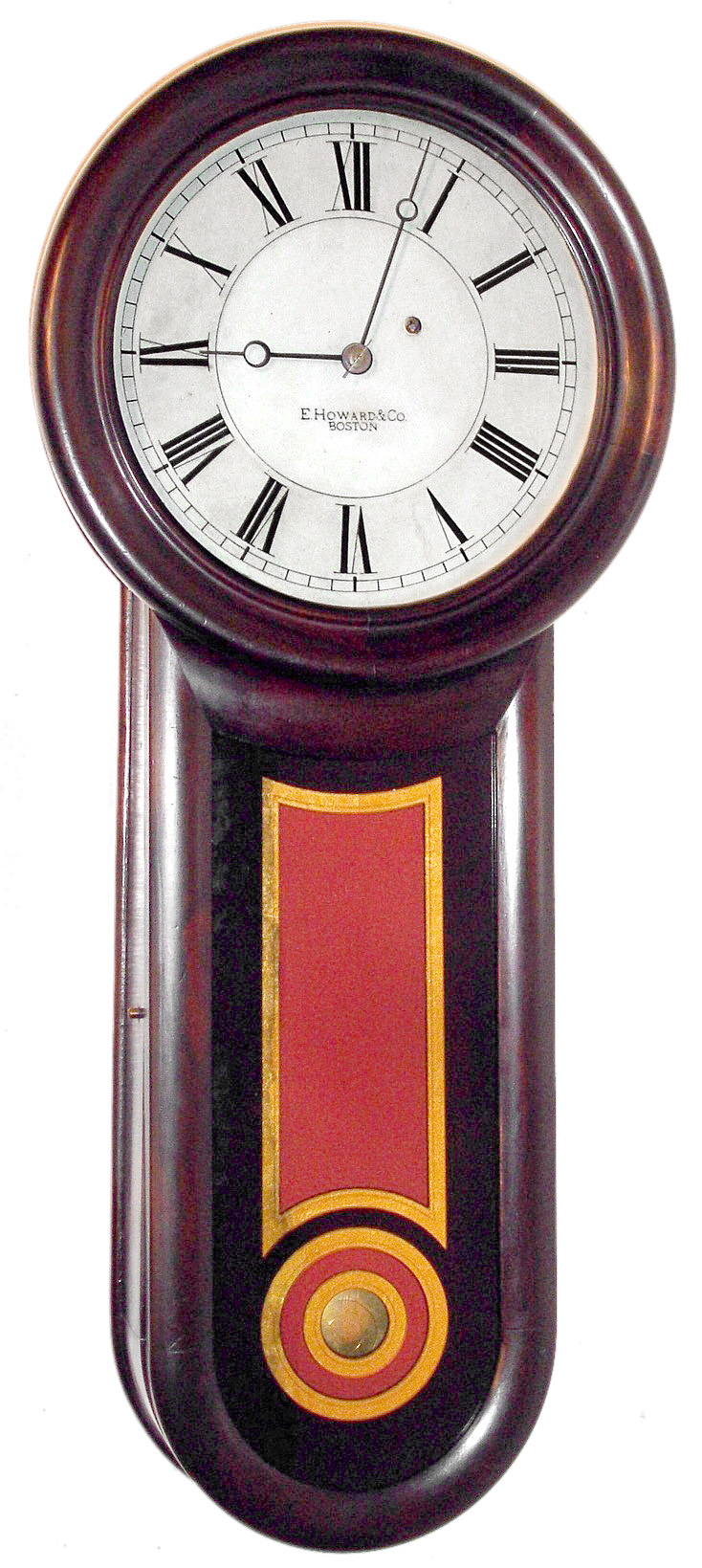E. Howard and Co., Boston, Mass., "No. 11 Regulator" time piece, 8 day, time only, weight driven movement in grain painted case with painted iron dial, c1874 — Antique Clocks Price Guide