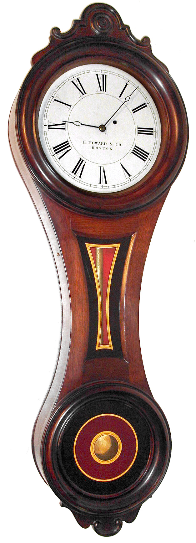 E. Howard and Co., Boston, Mass., "Regulator No. 7" time piece, 8 day, time only, weight driven movement in walnut case with reverse painted tablets and painted metal dial, c1874 — Antique Clocks Price Guide
